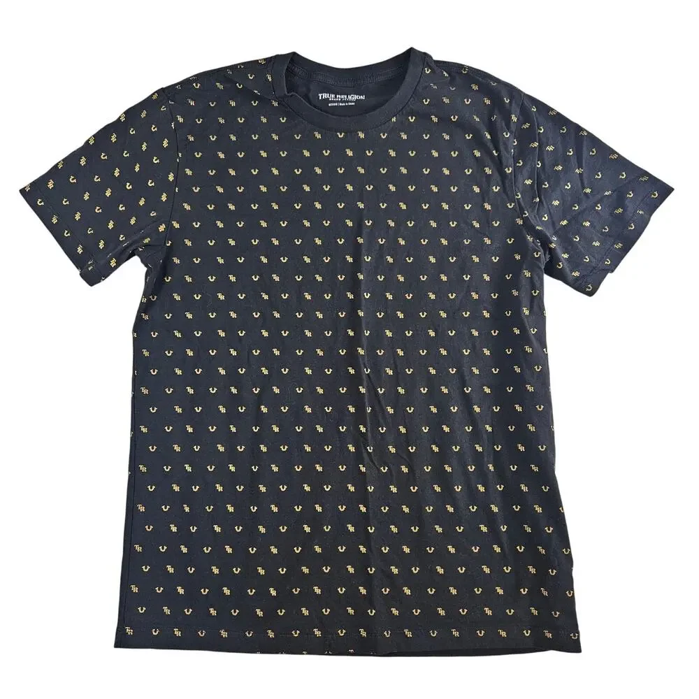 True Religion Men's All Over Monogram Tee T-Shirt Black and Gold Size Medium